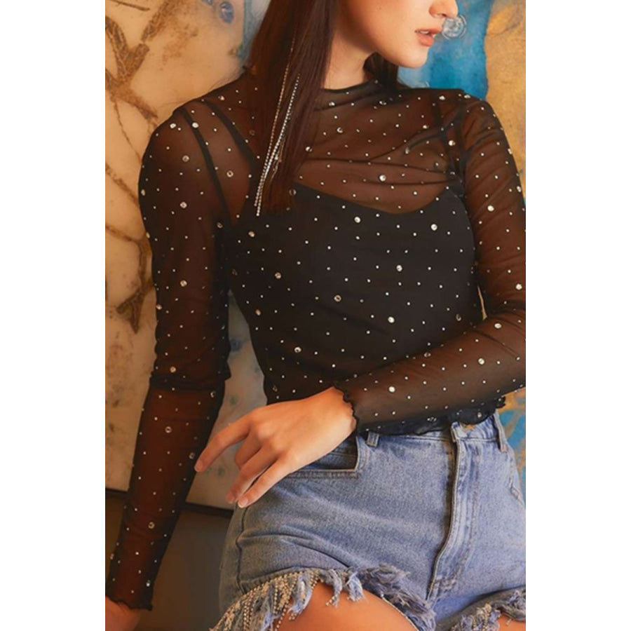 Rhinestone Sheer Mesh Mock Neck Long Sleeve Top Black / S Apparel and Accessories