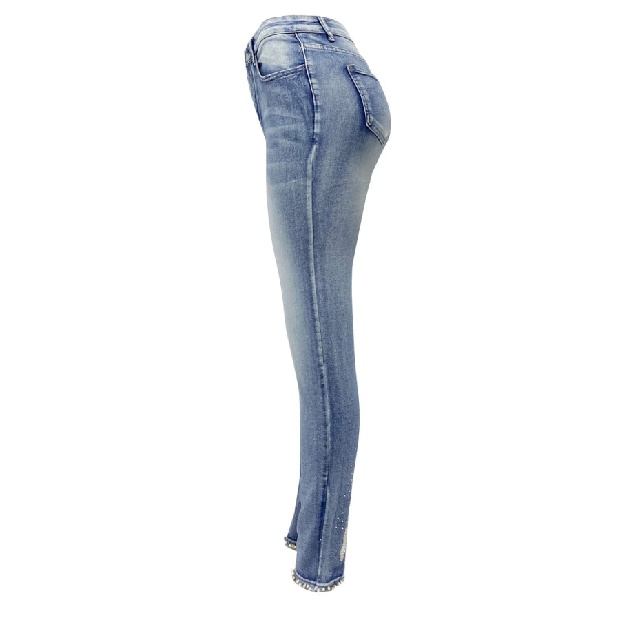 Rhinestone Skinny Jeans with Pockets Apparel and Accessories