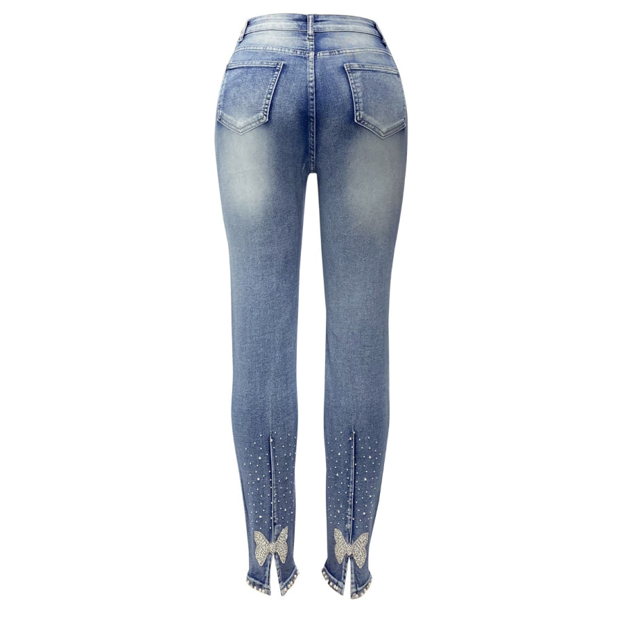 Rhinestone Skinny Jeans with Pockets Apparel and Accessories