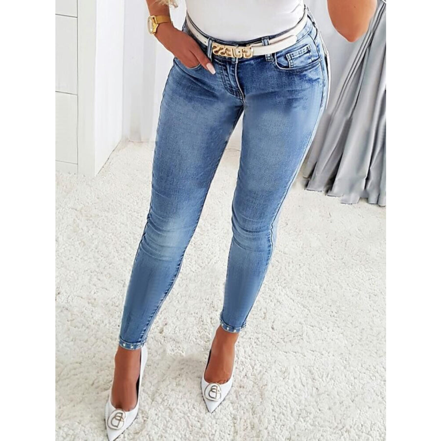 Rhinestone Skinny Jeans with Pockets Misty Blue / S Apparel and Accessories