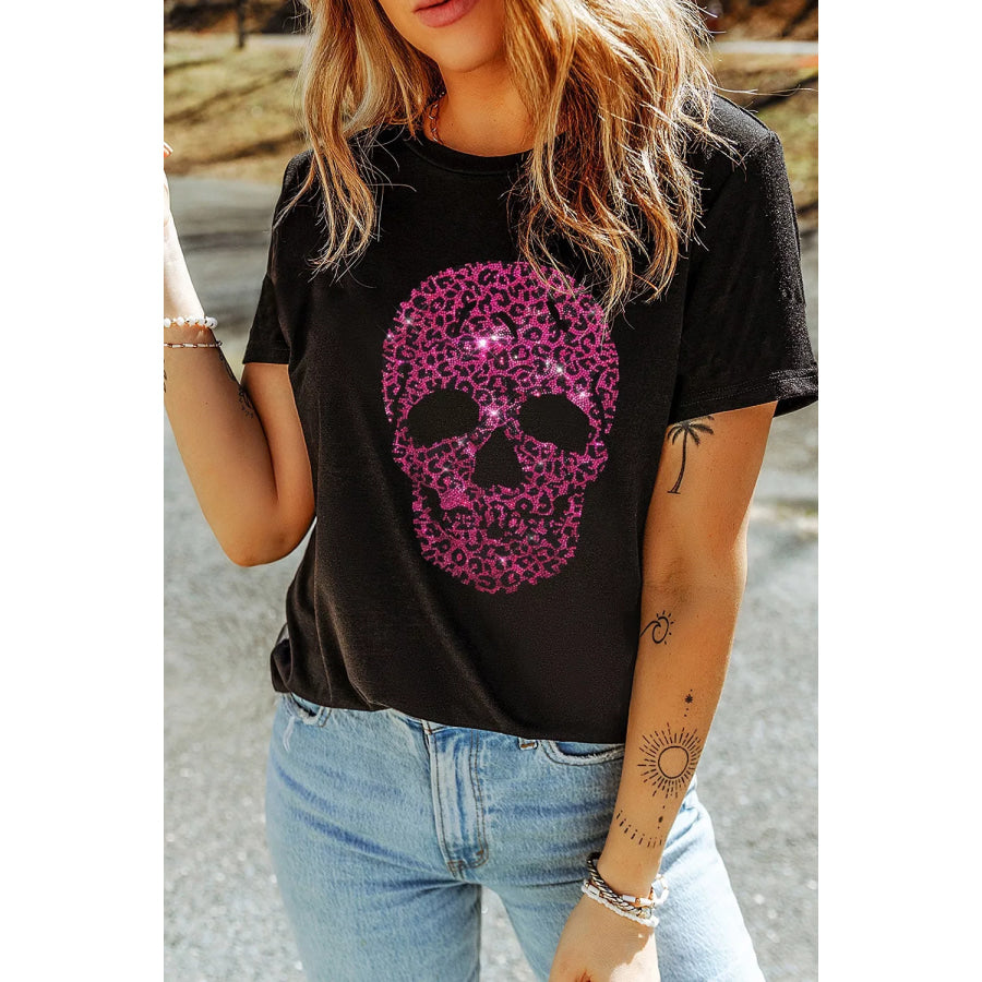 Rhinestone Skull Graphic Crew Neck T Shirt Apparel and Accessories