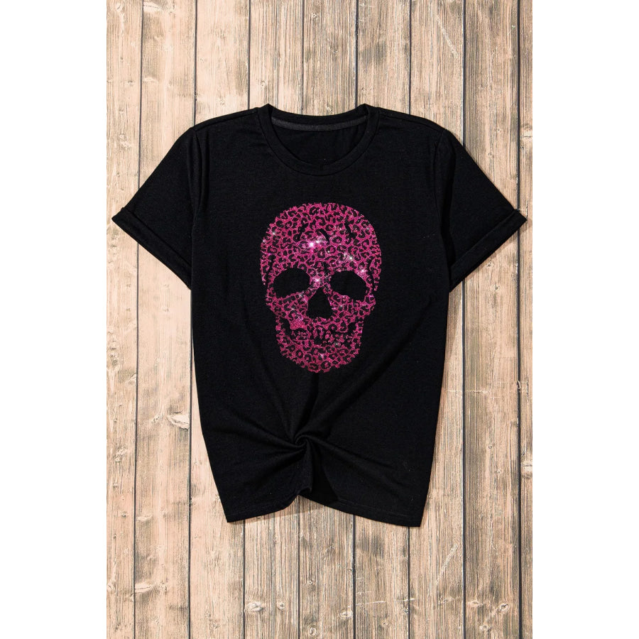 Rhinestone Skull Graphic Crew Neck T Shirt Apparel and Accessories