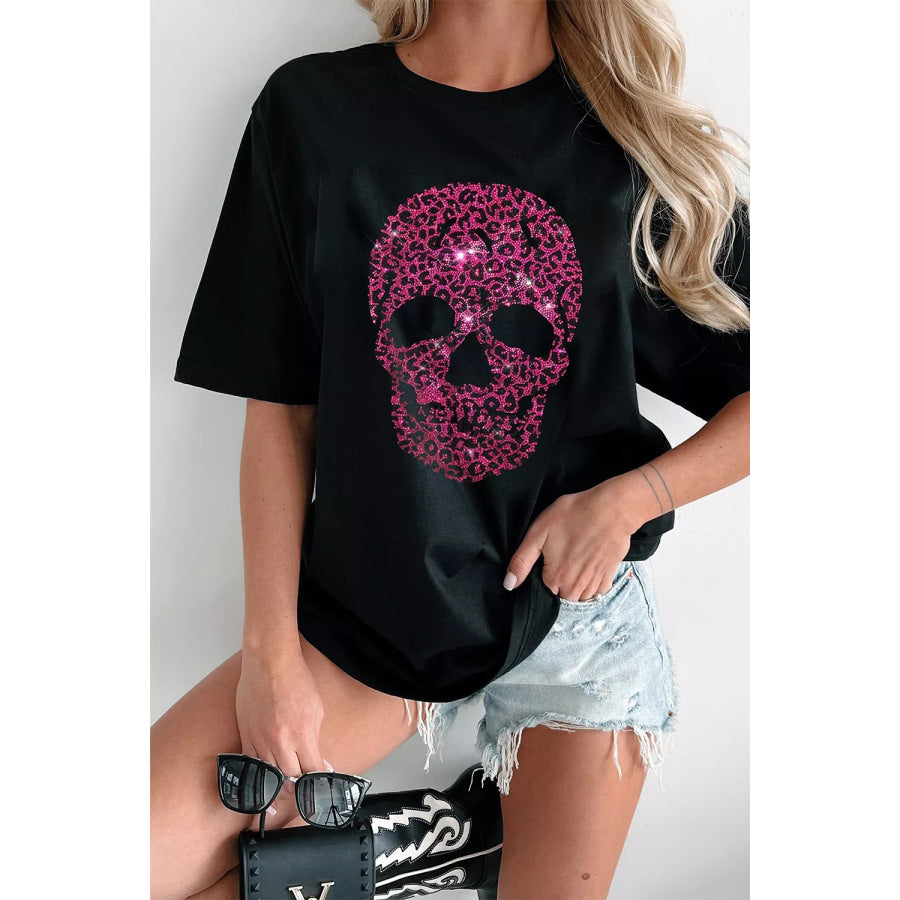 Rhinestone Skull Graphic Crew Neck T Shirt Black / S Apparel and Accessories