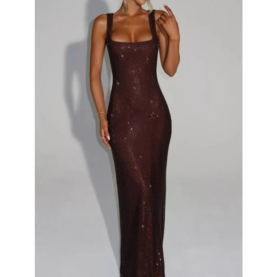 Rhinestone Sleeveless Bodycon Maxi Dress Coffee / XS Apparel and Accessories