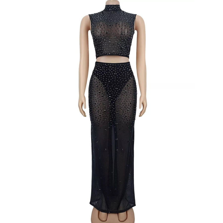 Rhinestone Sleeveless Top and Skirt Set Apparel and Accessories