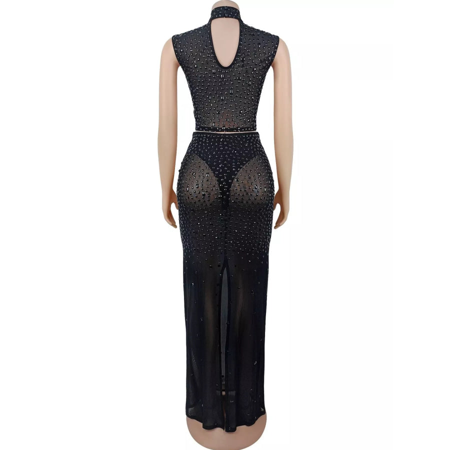 Rhinestone Sleeveless Top and Skirt Set Apparel and Accessories