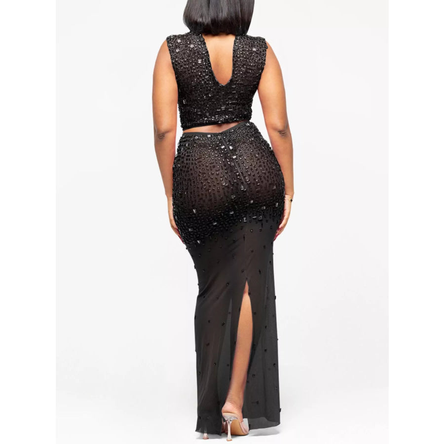 Rhinestone Sleeveless Top and Skirt Set Apparel and Accessories