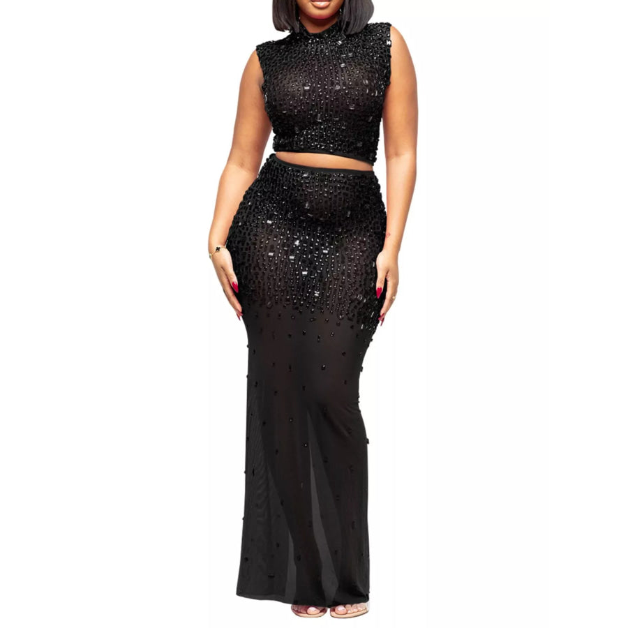 Rhinestone Sleeveless Top and Skirt Set Black / S Apparel and Accessories