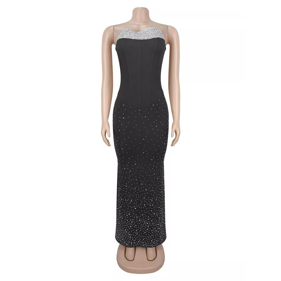 Rhinestone Slit Back Tube Maxi Dress Apparel and Accessories