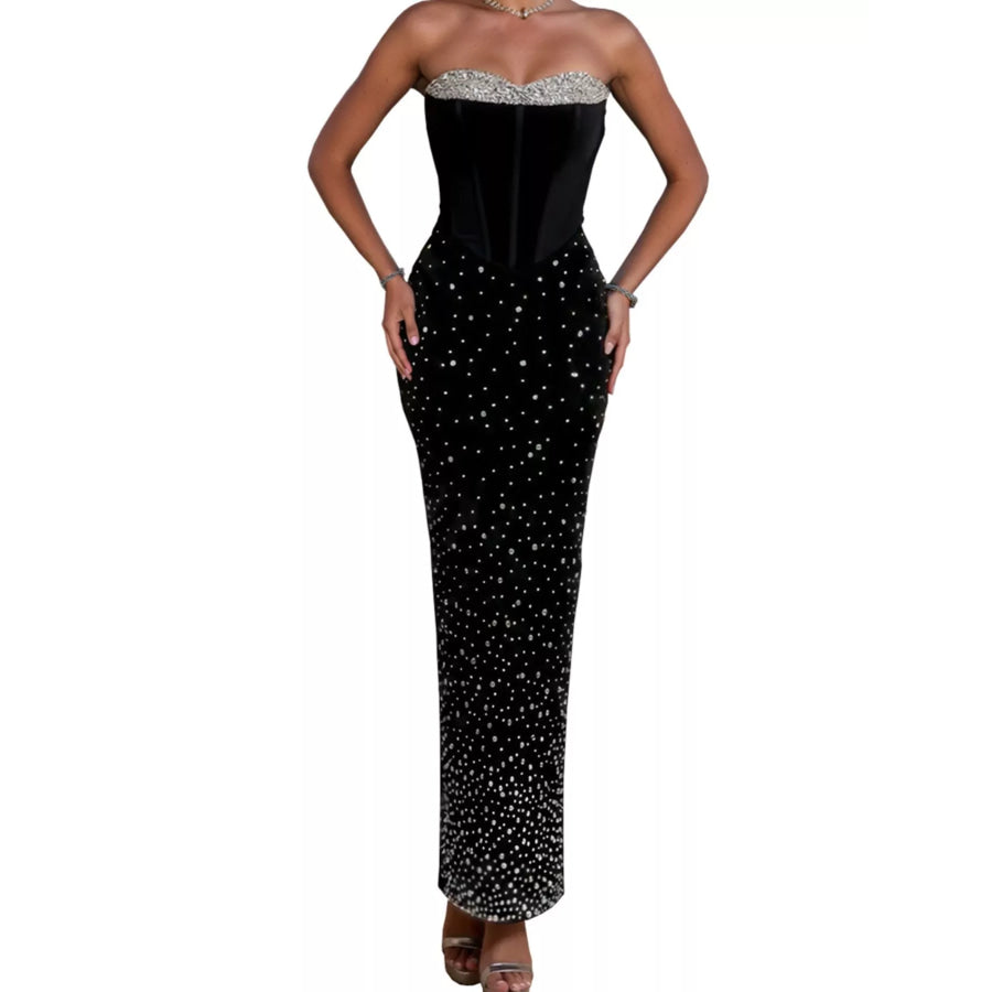 Rhinestone Slit Back Tube Maxi Dress Apparel and Accessories