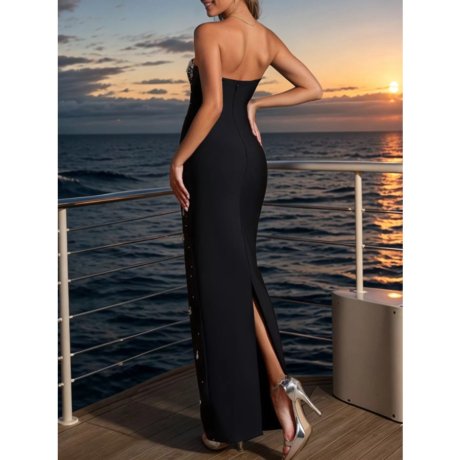Rhinestone Slit Back Tube Maxi Dress Apparel and Accessories