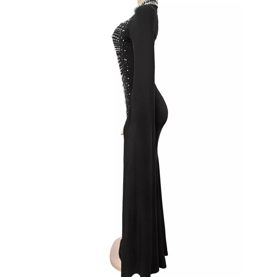 Rhinestone Slit Flare Sleeve Cape Maxi Dress Apparel and Accessories