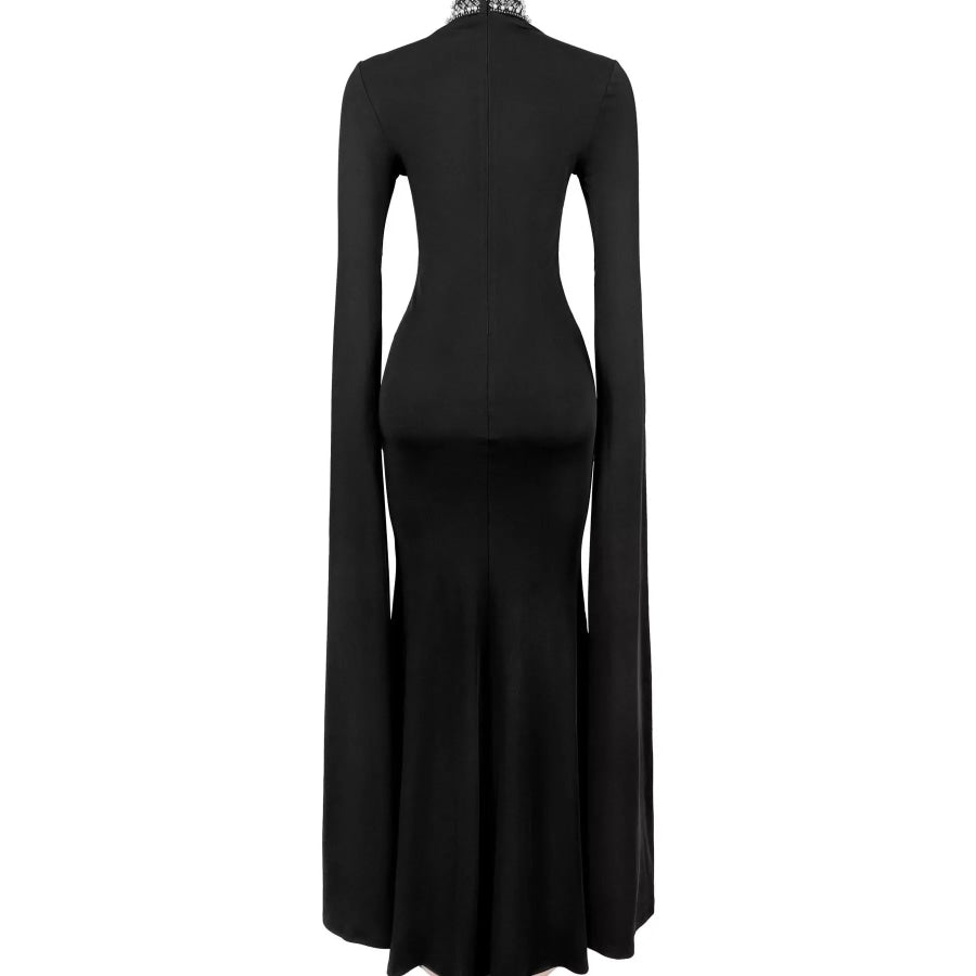 Rhinestone Slit Flare Sleeve Cape Maxi Dress Apparel and Accessories