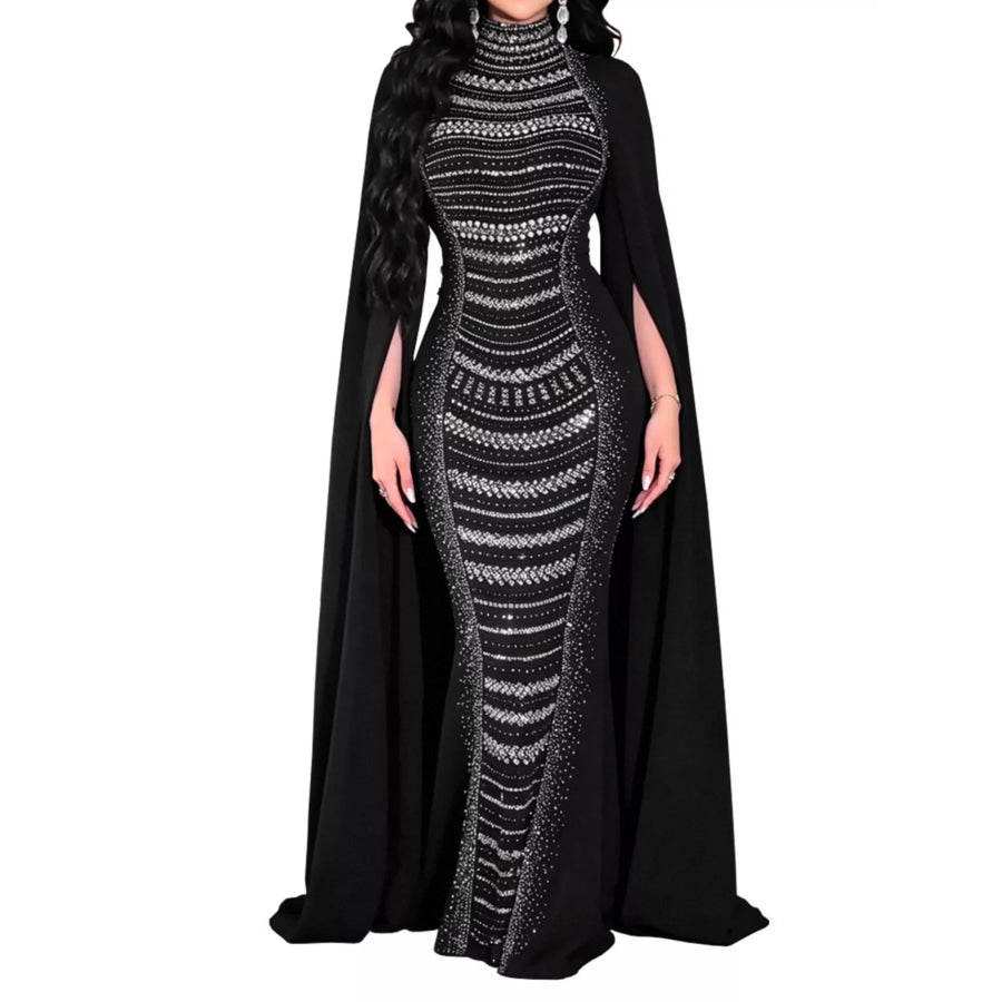 Rhinestone Slit Flare Sleeve Cape Maxi Dress Apparel and Accessories