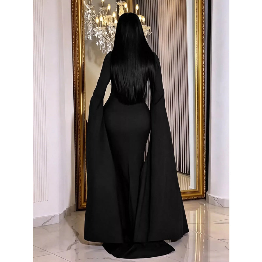 Rhinestone Slit Flare Sleeve Cape Maxi Dress Apparel and Accessories