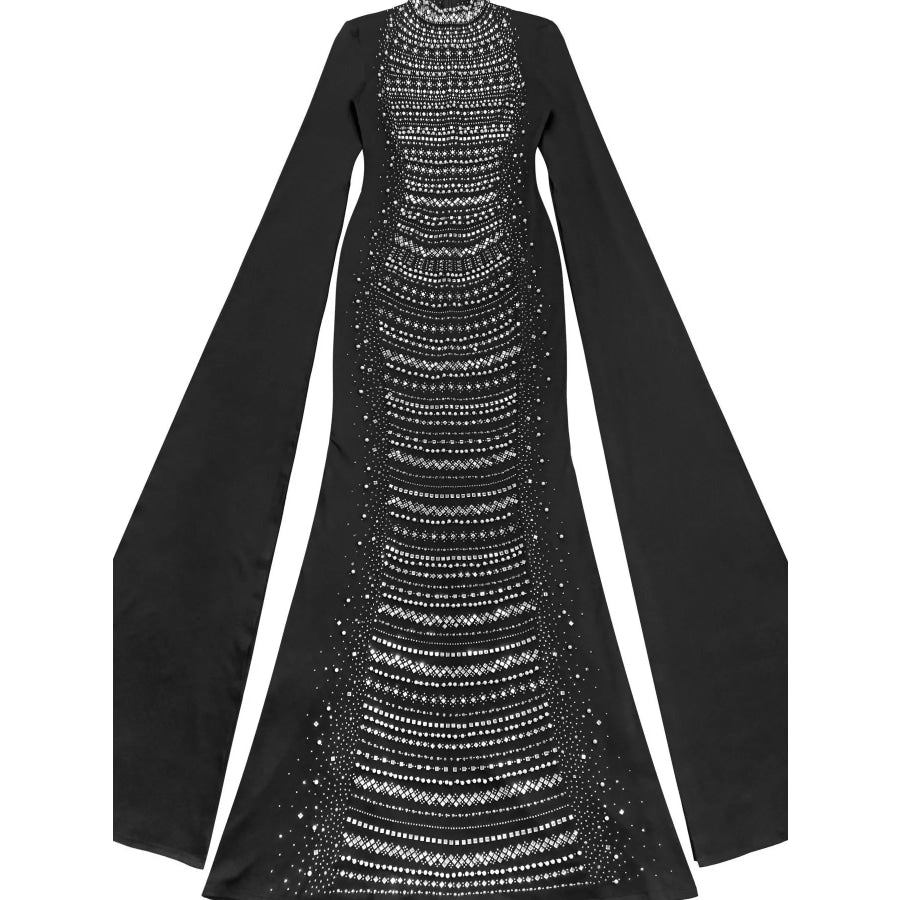 Rhinestone Slit Flare Sleeve Cape Maxi Dress Apparel and Accessories