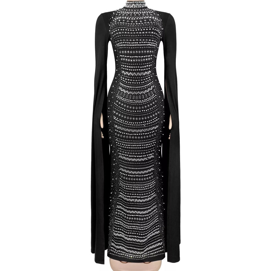 Rhinestone Slit Flare Sleeve Cape Maxi Dress Apparel and Accessories