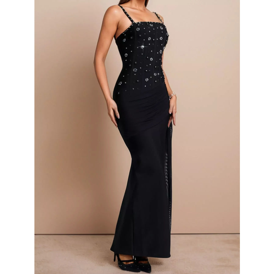 Rhinestone Slit Maxi Dress with Draping Detail Apparel and Accessories