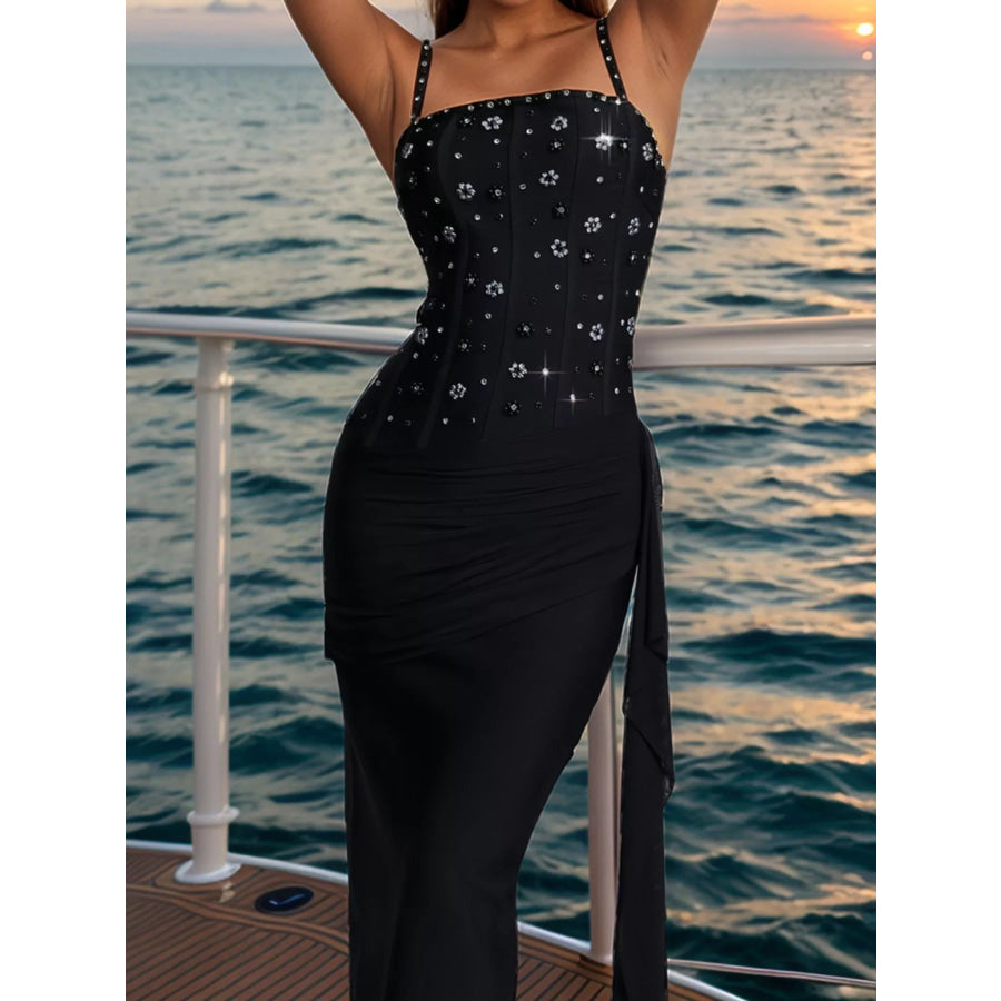 Rhinestone Slit Maxi Dress with Draping Detail Apparel and Accessories