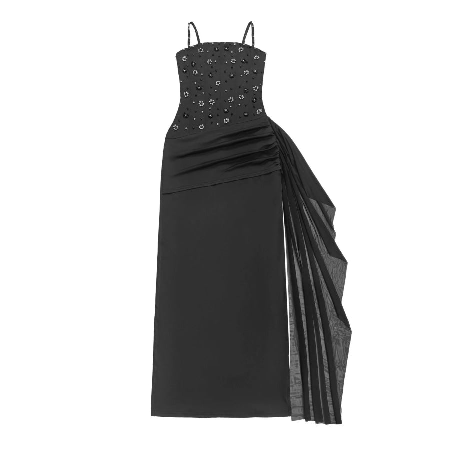 Rhinestone Slit Maxi Dress with Draping Detail Apparel and Accessories