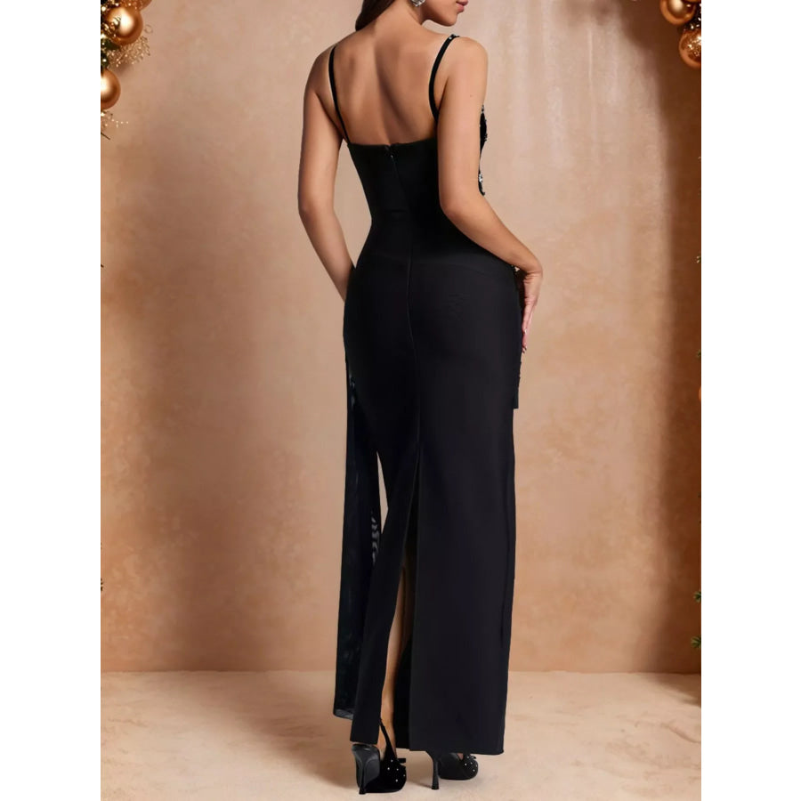 Rhinestone Slit Maxi Dress with Draping Detail Apparel and Accessories