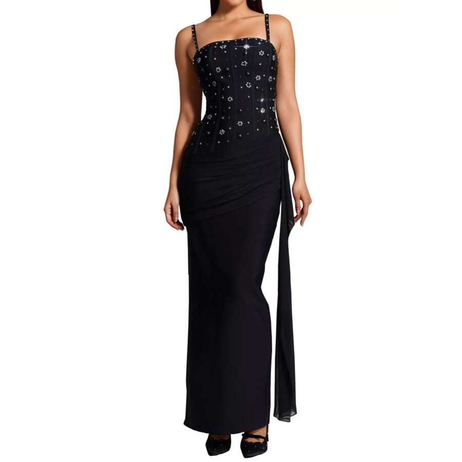 Rhinestone Slit Maxi Dress with Draping Detail Apparel and Accessories