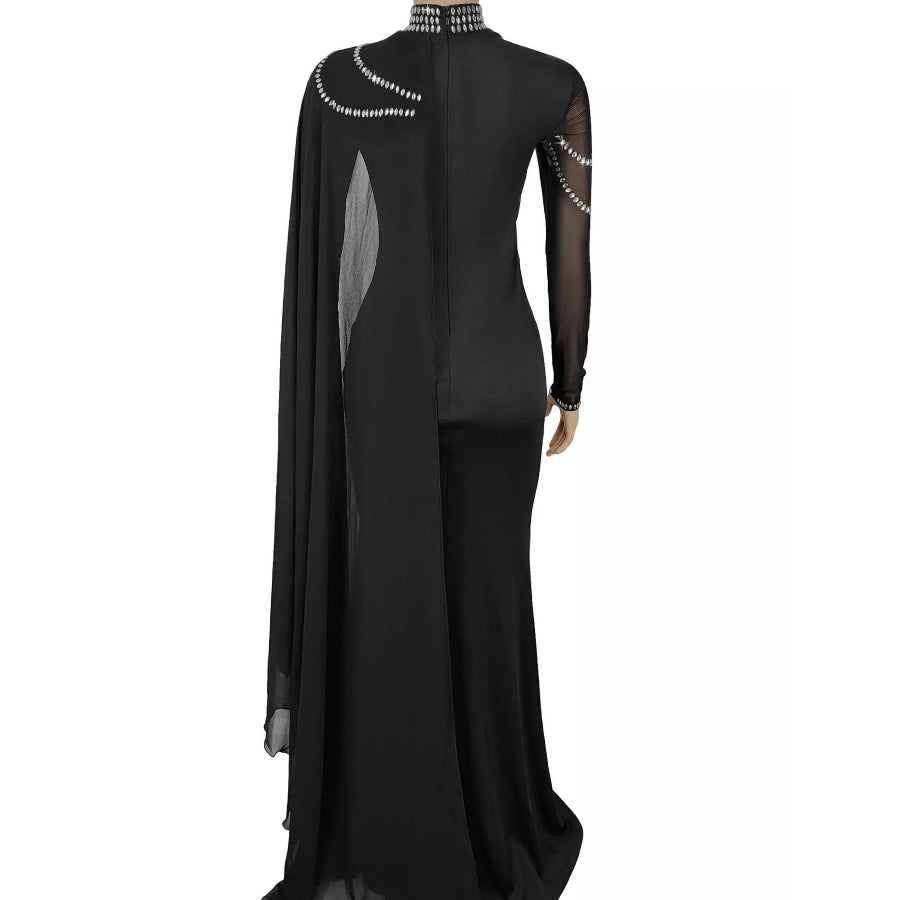 Rhinestone Slit Maxi Dress with Sheer Cape Sleeves Apparel and Accessories