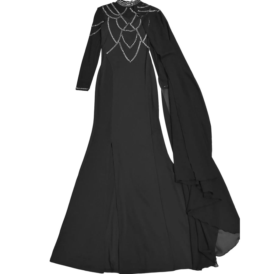 Rhinestone Slit Maxi Dress with Sheer Cape Sleeves Apparel and Accessories