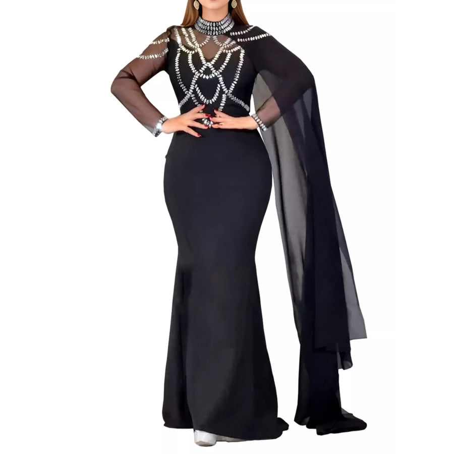 Rhinestone Slit Maxi Dress with Sheer Cape Sleeves Apparel and Accessories