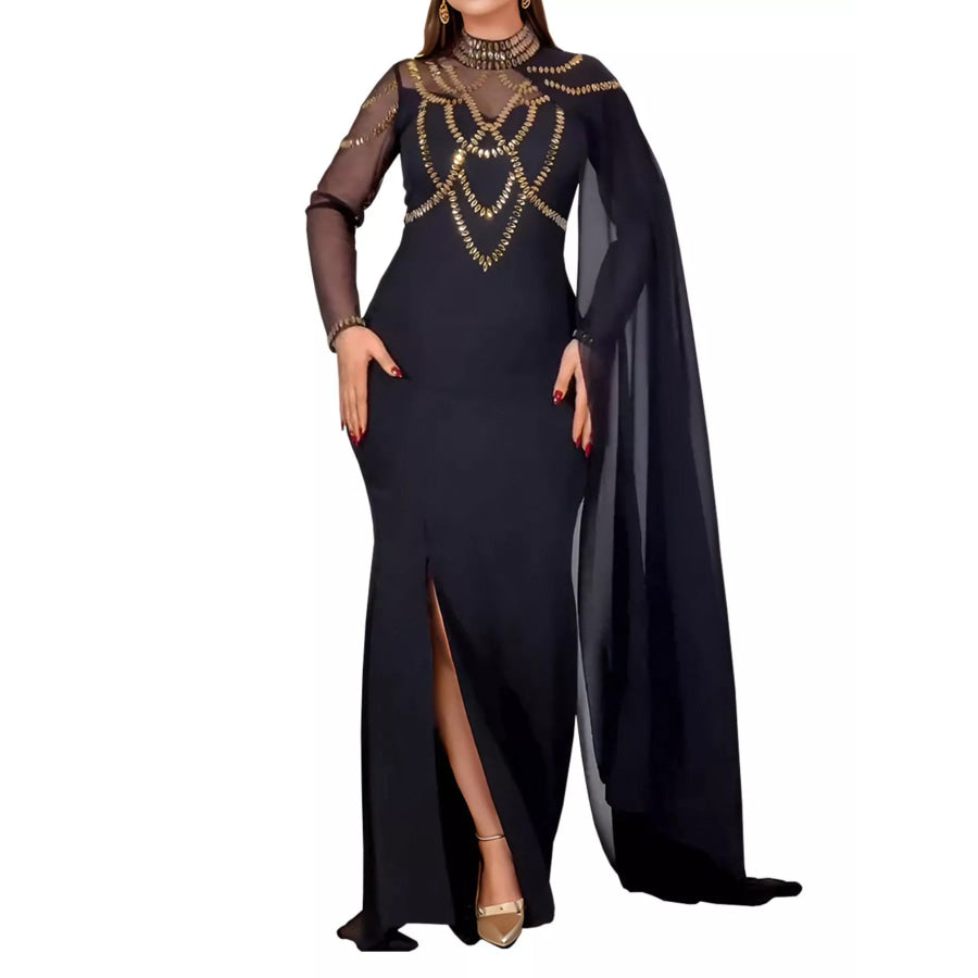 Rhinestone Slit Maxi Dress with Sheer Cape Sleeves Apparel and Accessories