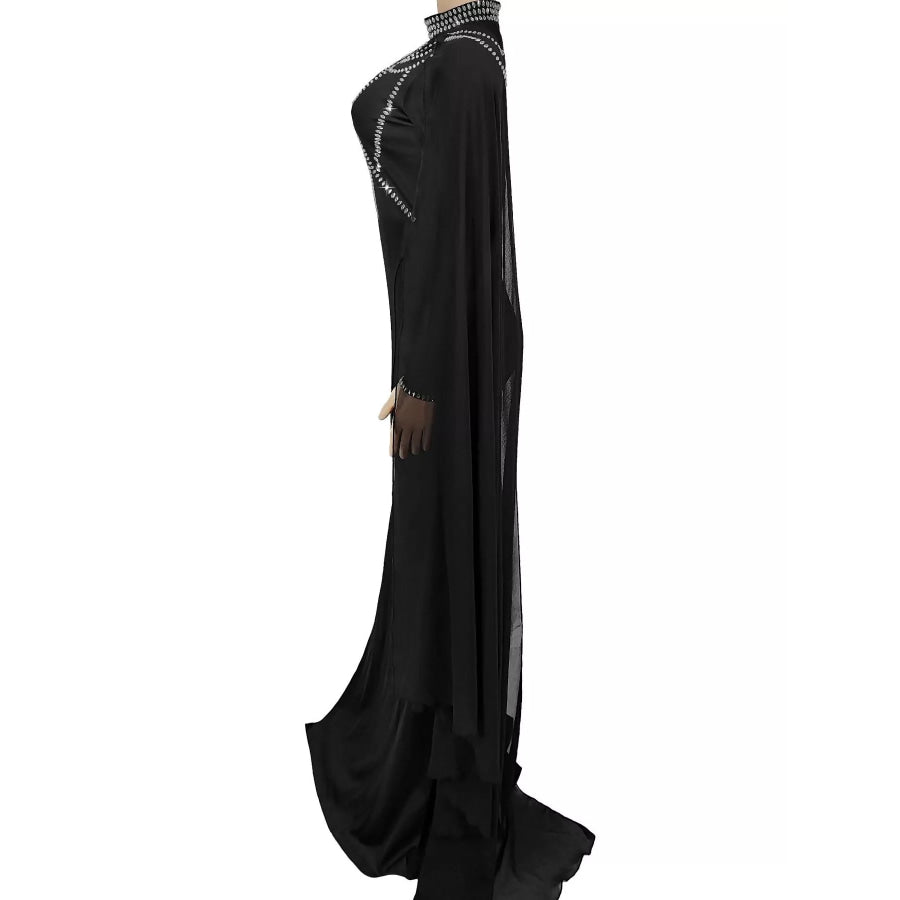 Rhinestone Slit Maxi Dress with Sheer Cape Sleeves Apparel and Accessories