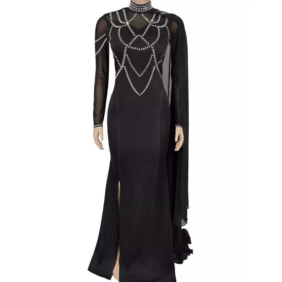 Rhinestone Slit Maxi Dress with Sheer Cape Sleeves Apparel and Accessories