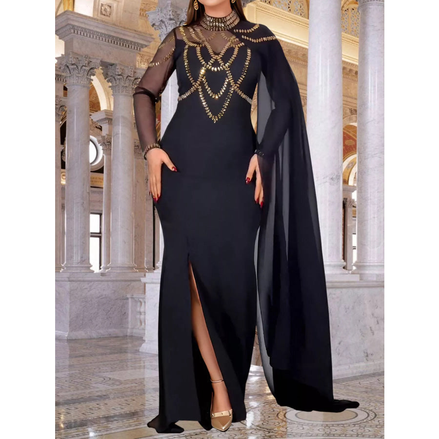Rhinestone Slit Maxi Dress with Sheer Cape Sleeves Gold / S Apparel and Accessories