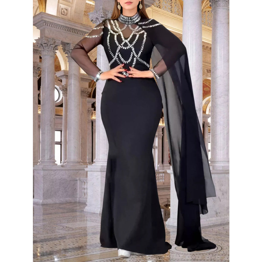 Rhinestone Slit Maxi Dress with Sheer Cape Sleeves Silver / S Apparel and Accessories