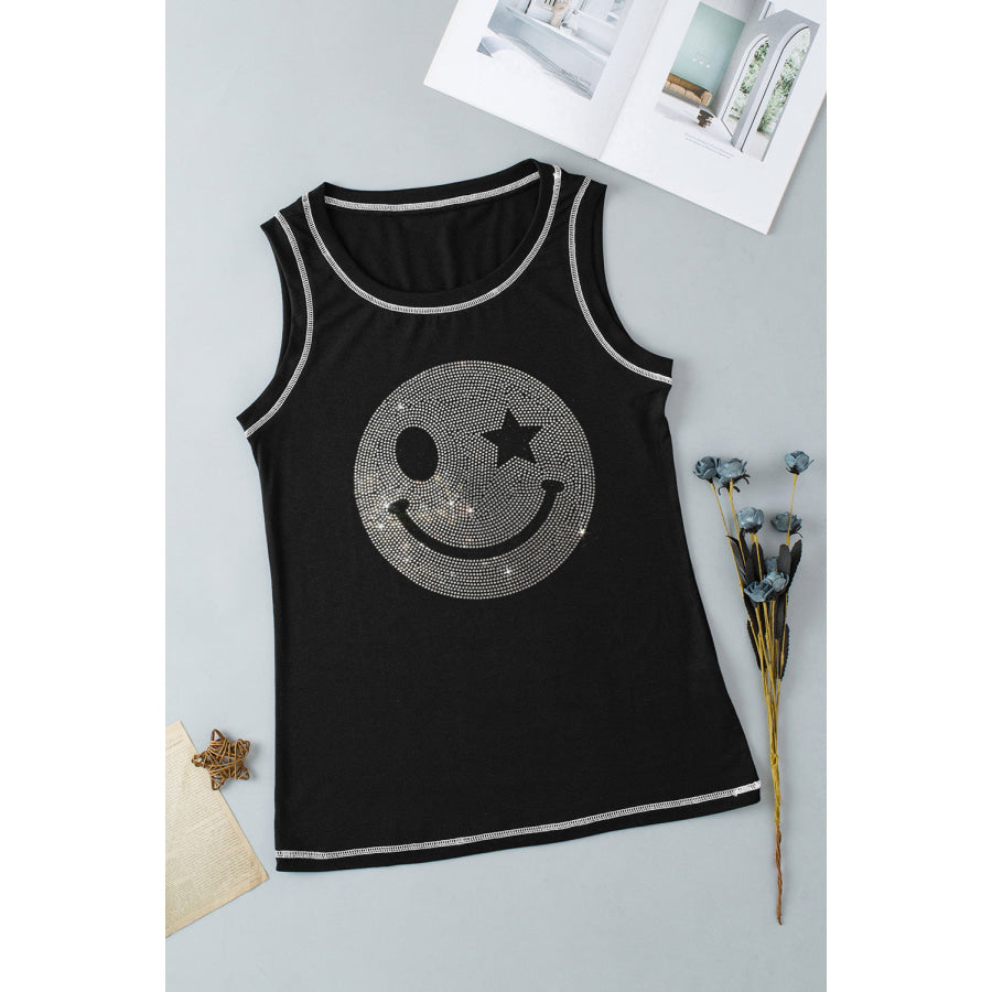 Rhinestone Smile Face Round Neck Tank Apparel and Accessories