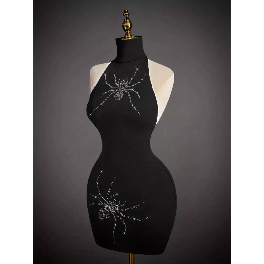 Rhinestone Spider Halter Neck Bodycon Dress Black / S Apparel and Accessories