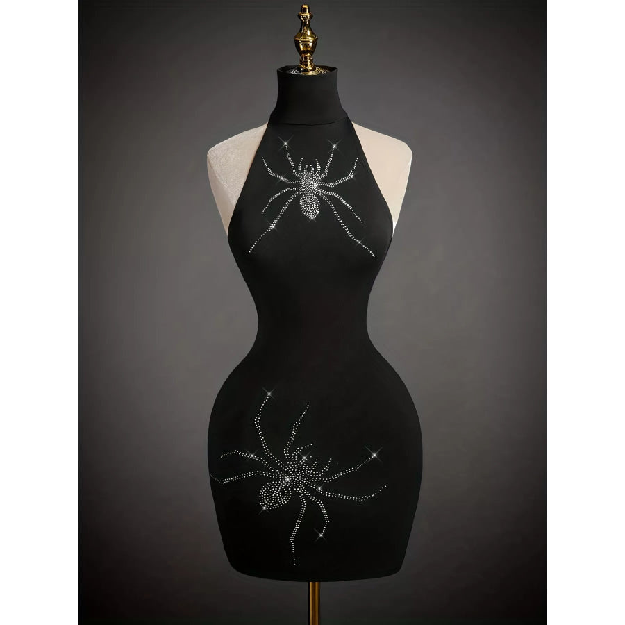 Rhinestone Spider Halter Neck Bodycon Dress Black / S Apparel and Accessories