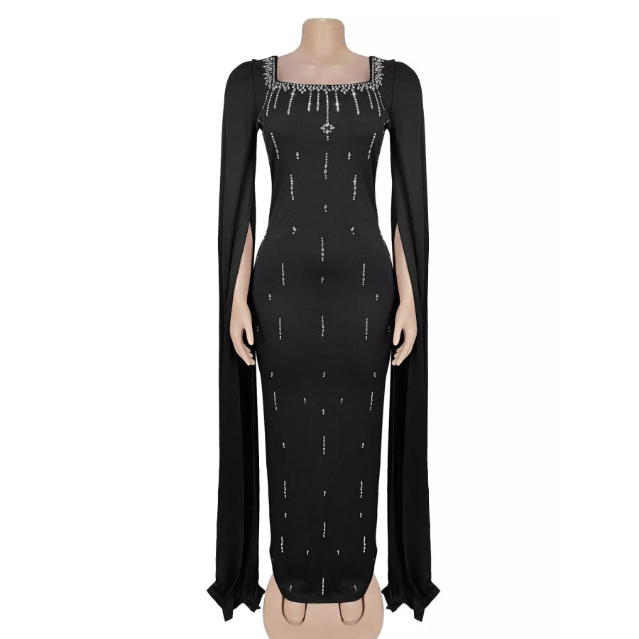Rhinestone Square Neck Slit Sleeve Maxi Dress Apparel and Accessories