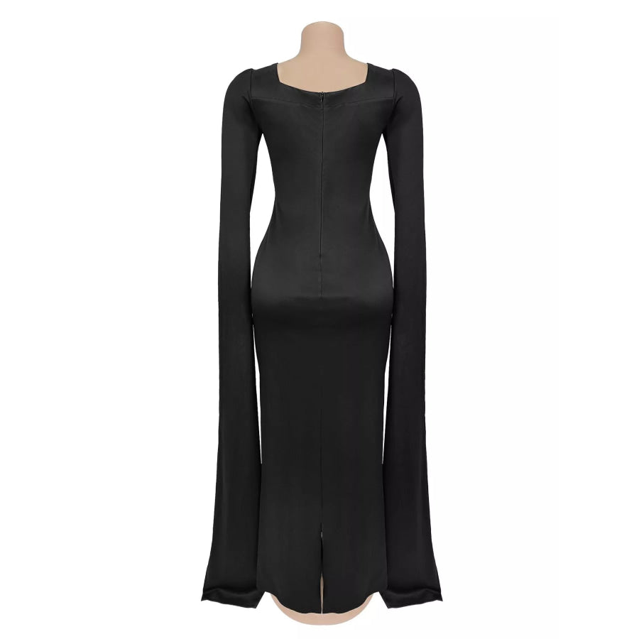 Rhinestone Square Neck Slit Sleeve Maxi Dress Apparel and Accessories