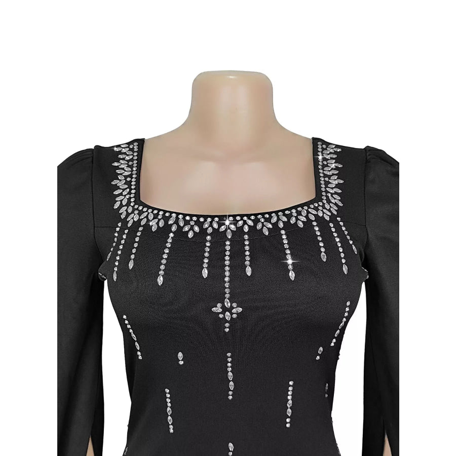 Rhinestone Square Neck Slit Sleeve Maxi Dress Apparel and Accessories