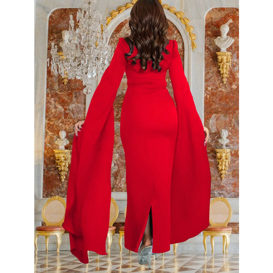 Rhinestone Square Neck Slit Sleeve Maxi Dress Apparel and Accessories