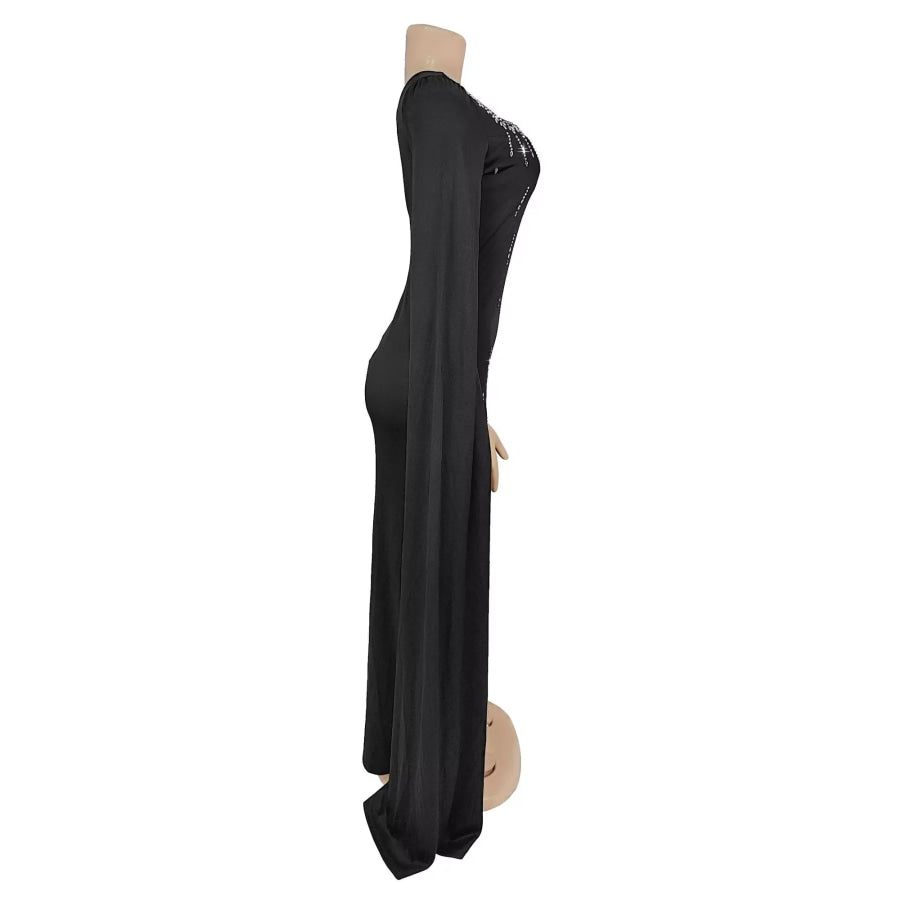 Rhinestone Square Neck Slit Sleeve Maxi Dress Apparel and Accessories