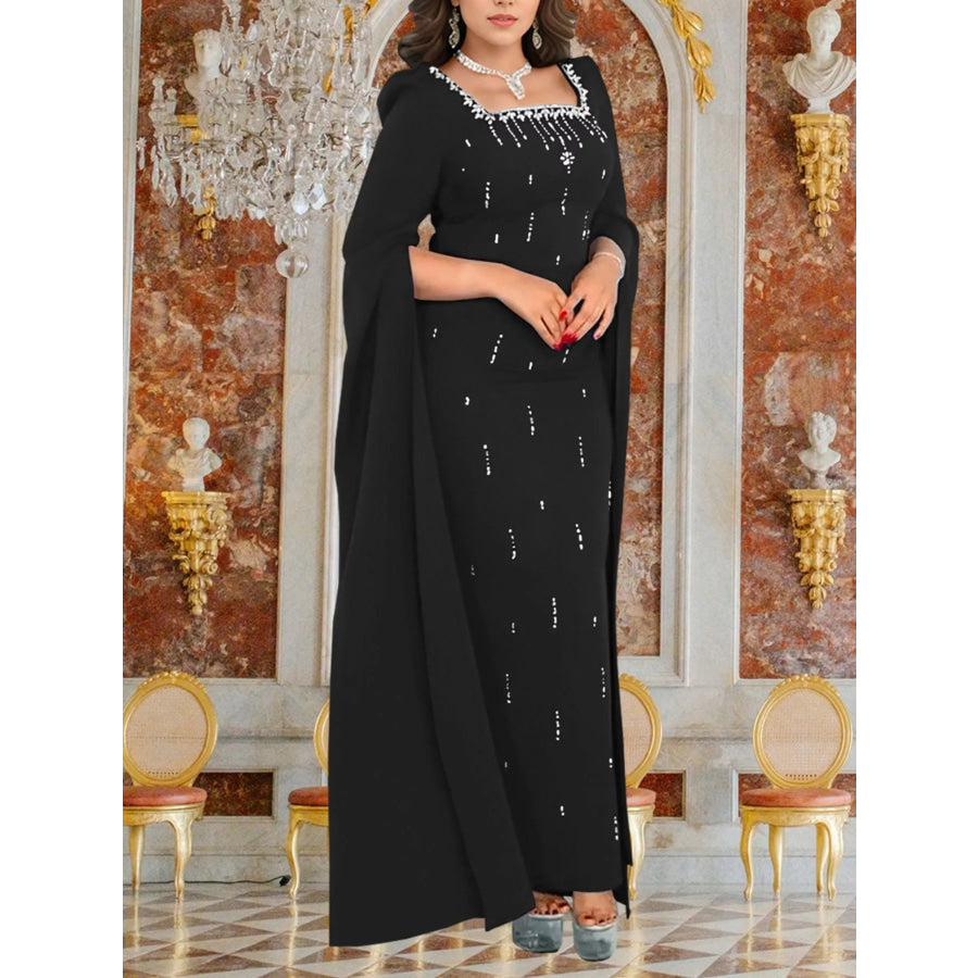 Rhinestone Square Neck Slit Sleeve Maxi Dress Black / S Apparel and Accessories