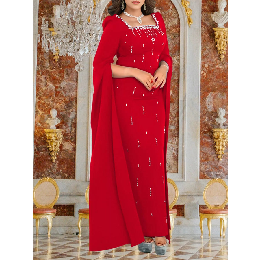 Rhinestone Square Neck Slit Sleeve Maxi Dress Red / S Apparel and Accessories