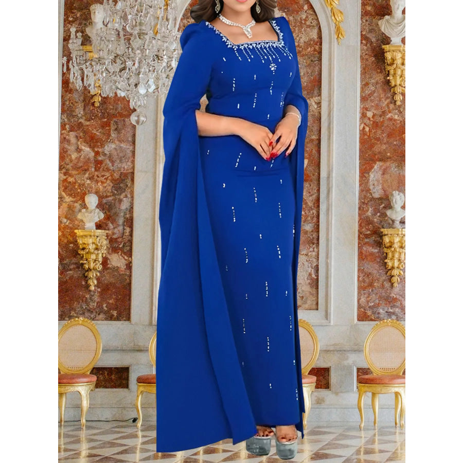 Rhinestone Square Neck Slit Sleeve Maxi Dress Royal Blue / S Apparel and Accessories