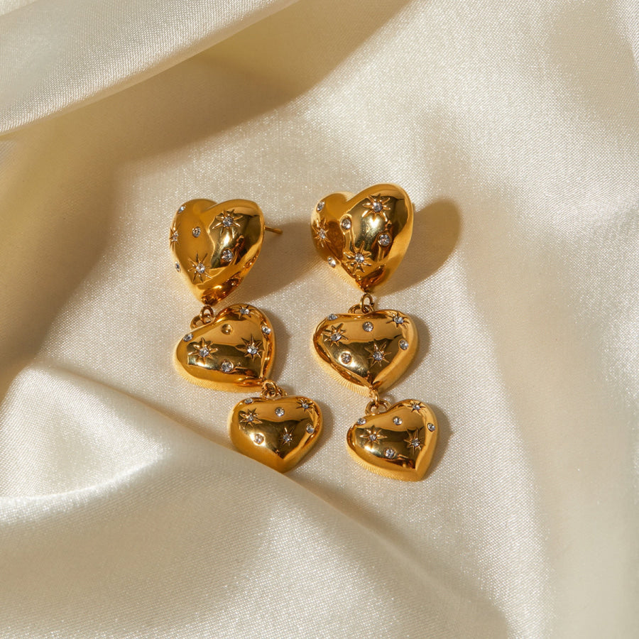 Rhinestone Stainless Steel Heart Earrings Gold / One Size Apparel and Accessories