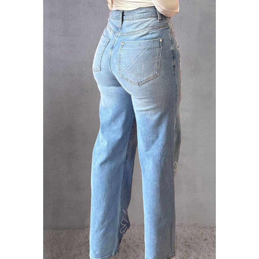 Rhinestone Straight Jeans with Pockets Apparel and Accessories