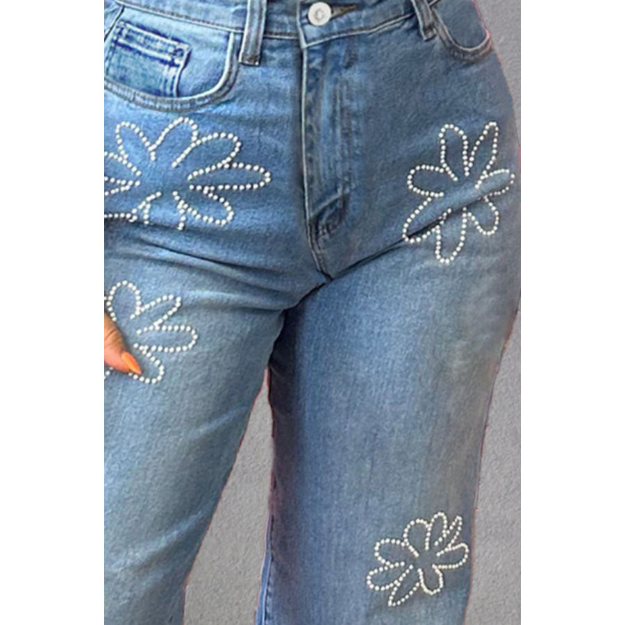 Rhinestone Straight Jeans with Pockets Apparel and Accessories