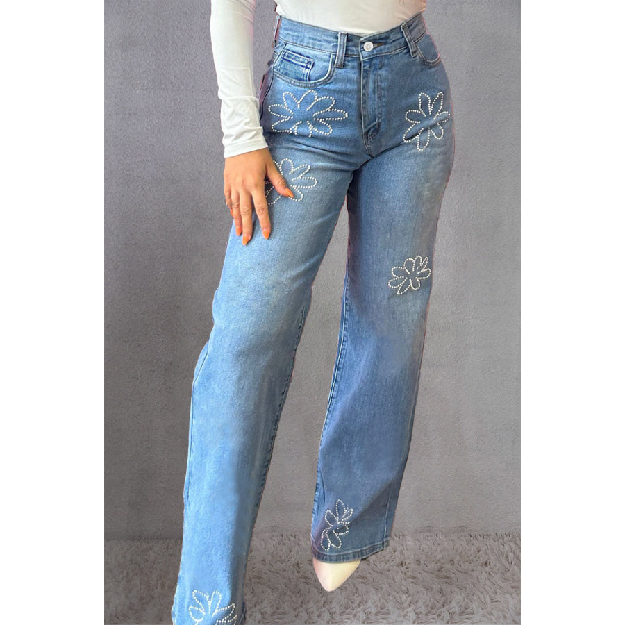 Rhinestone Straight Jeans with Pockets Medium / 6 Apparel and Accessories