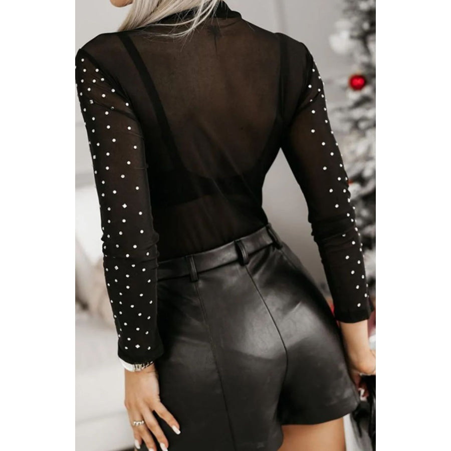 Rhinestone Trim Mock Neck Long Sleeve Bodysuit Apparel and Accessories